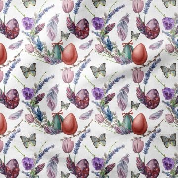 Happy Easter- Sulu Boya Efektli Pembe ve Mor Kuş Tüyleri, Kelebekler ve Süslü Paskalya Yumurtaları Desenli Tasarım Kumaş