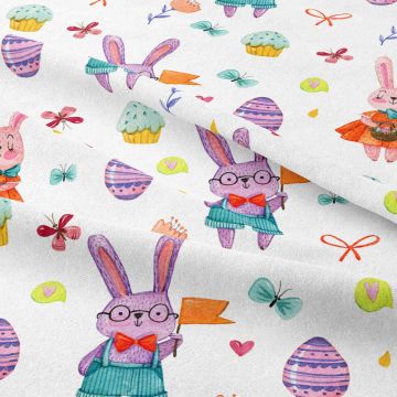 Happy Easter- Paskalya Yumurtaları, Kelebekleri, Muffin Tatlılar ve Kostümlü Sevimli Tavşanlar Desenli Tasarım Kumaş