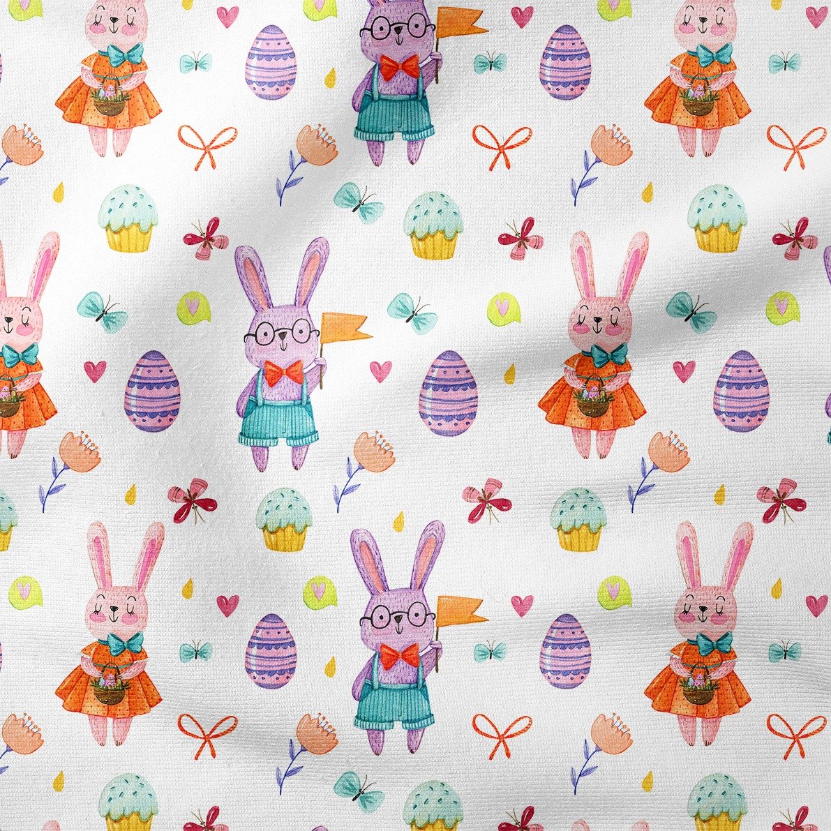 Happy Easter- Paskalya Yumurtaları, Kelebekleri, Muffin Tatlılar ve Kostümlü Sevimli Tavşanlar Desenli Tasarım Kumaş