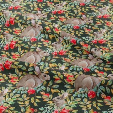 Happy Easter- Yeşil Zemin üzerinde Kırmızı Tomurcuk Çiçekler içinde Paskalya Tavşanları Desenli Tasarım Kumaş