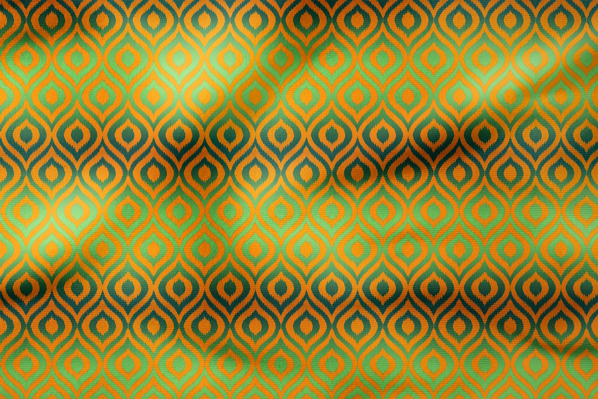 Turuncu Yeşil İkat Desenli Dijital Baskılı Kumaş