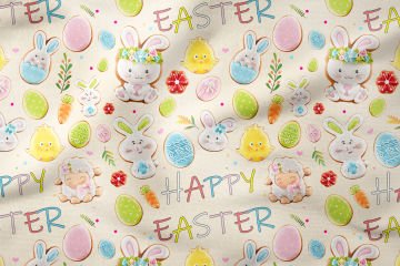Happy Easter- Paskalya Yumurtaları ve Sevimli Tavşan Kurabiyeler Desenli TasarımKumaş