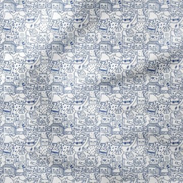 Mavi Çizgili Eğlenceli Kediler Desenli Kumaş