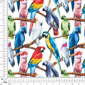 Renkli Tropikal Papağan Desenli Dijital Baskılı Kumaş