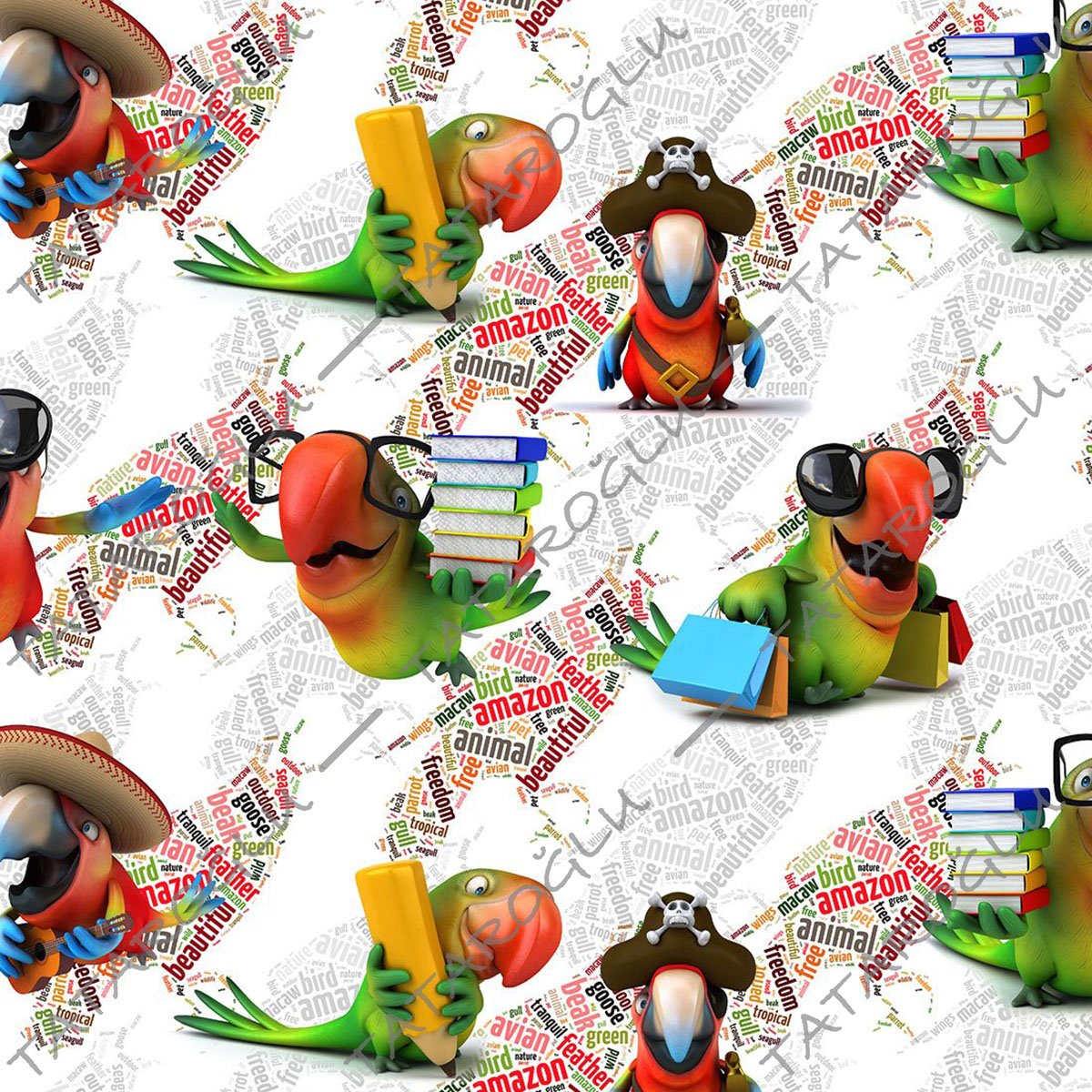Beyaz Zemin Üzerine Yazılı Kitap Okuyan Meksika Şapkalı Korsan Papağan Desenli Kumaş