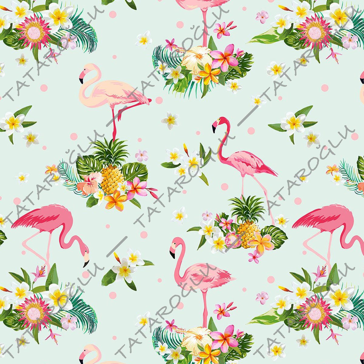 Tropikal Serisi-Su Yeşili Tropikal Ananaslı Çiçekli Flamingo Desenli Kumaş