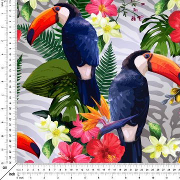 Gri Geometrik Zemin Üzerine Renkli Çiçekli Papağan Desenli Kumaş