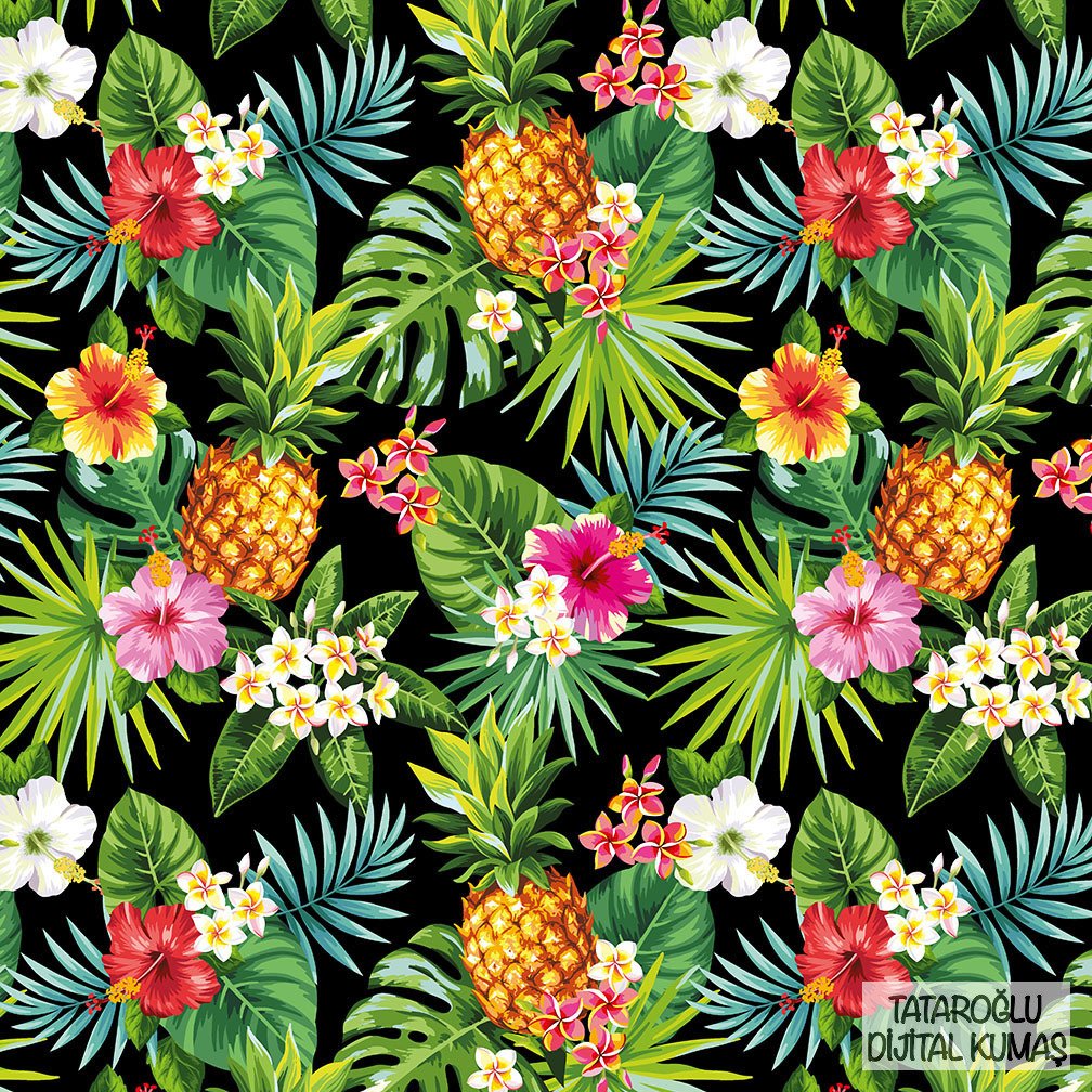 Siyah Zemin Üzerine Palmiye Yapraklı Tropikal Çiçekli Ananas Desenli Kumaş