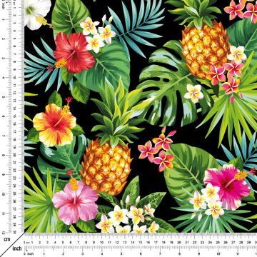 Siyah Zemin Üzerine Palmiye Yapraklı Tropikal Çiçekli Ananas Desenli Kumaş
