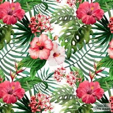 Beyaz Zemin Üzerine Tropikal Yapraklı Pembe Çıtır Çiçek Desenli Kumaş