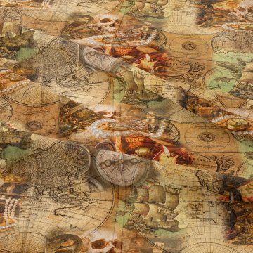 Haritalı Zemin Üzerine İncili Kuru Kafalı Gemili Pusulalı Desenli Kumaş