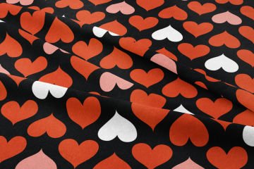Siyah Zeminli Kırmızı Kalpler Desenli Döşemelik Kumaş
