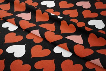 Siyah Zeminli Kırmızı Kalpler Desenli Döşemelik Kumaş