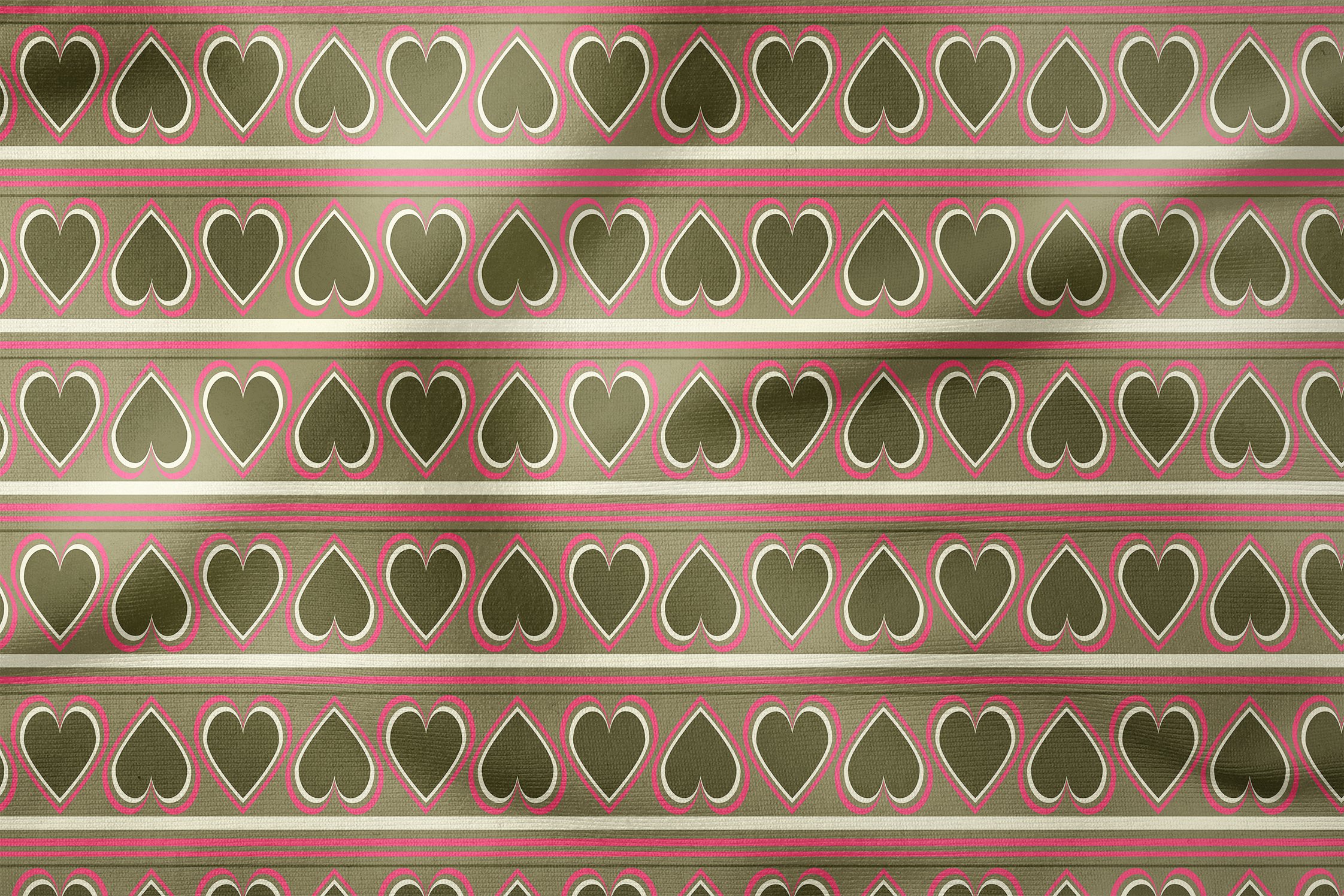 Yeşil Pembe Çizgili Kalpler Desenli Döşemelik Kumaş