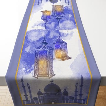 Ramazan Koleksiyonu- Lila Mavi Fenerli Camili Ramazan Runner Dikilmemiş Panel Kumaş