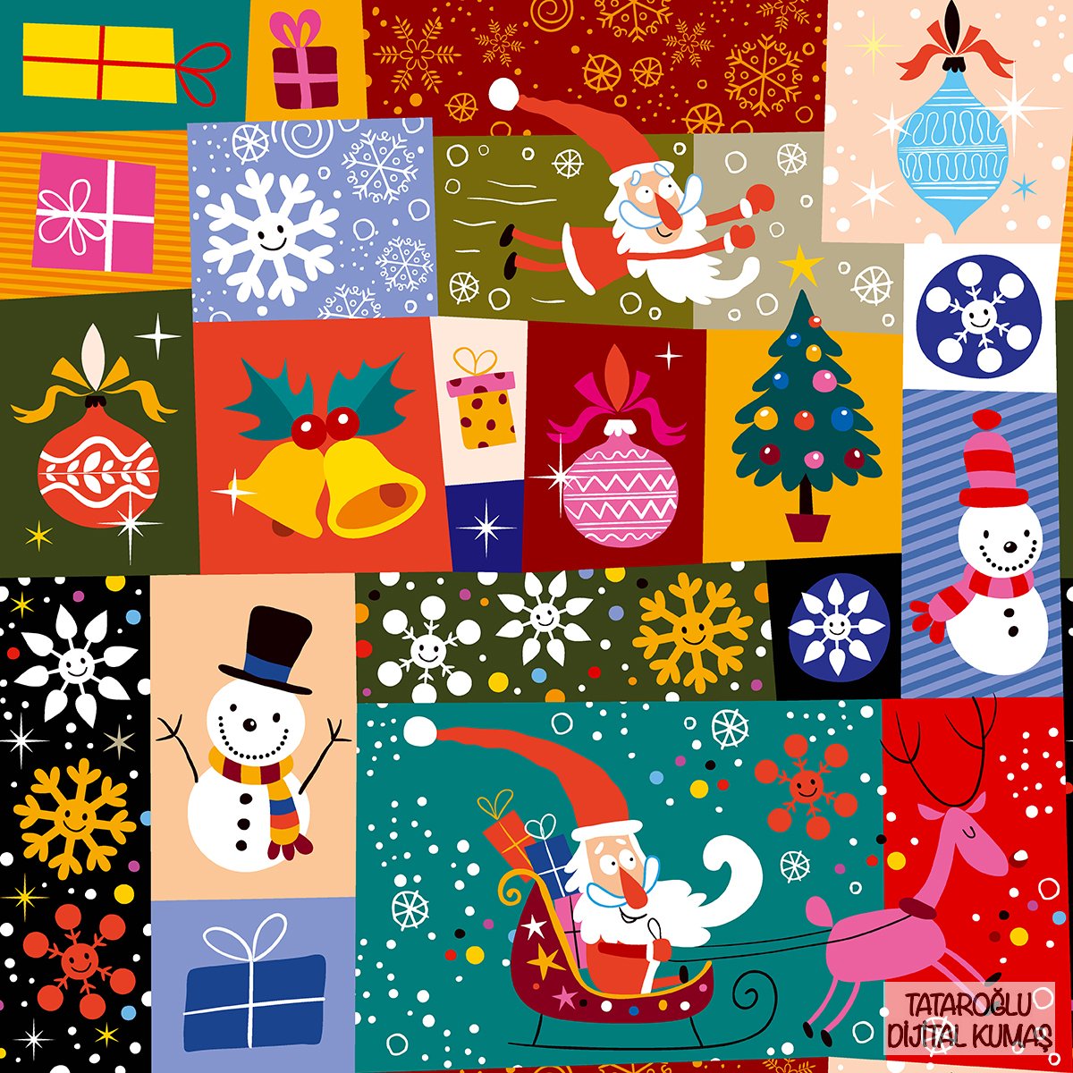 Renkli Noel Babalı Kardan Adamlı Patchwork Desenli Kumaş