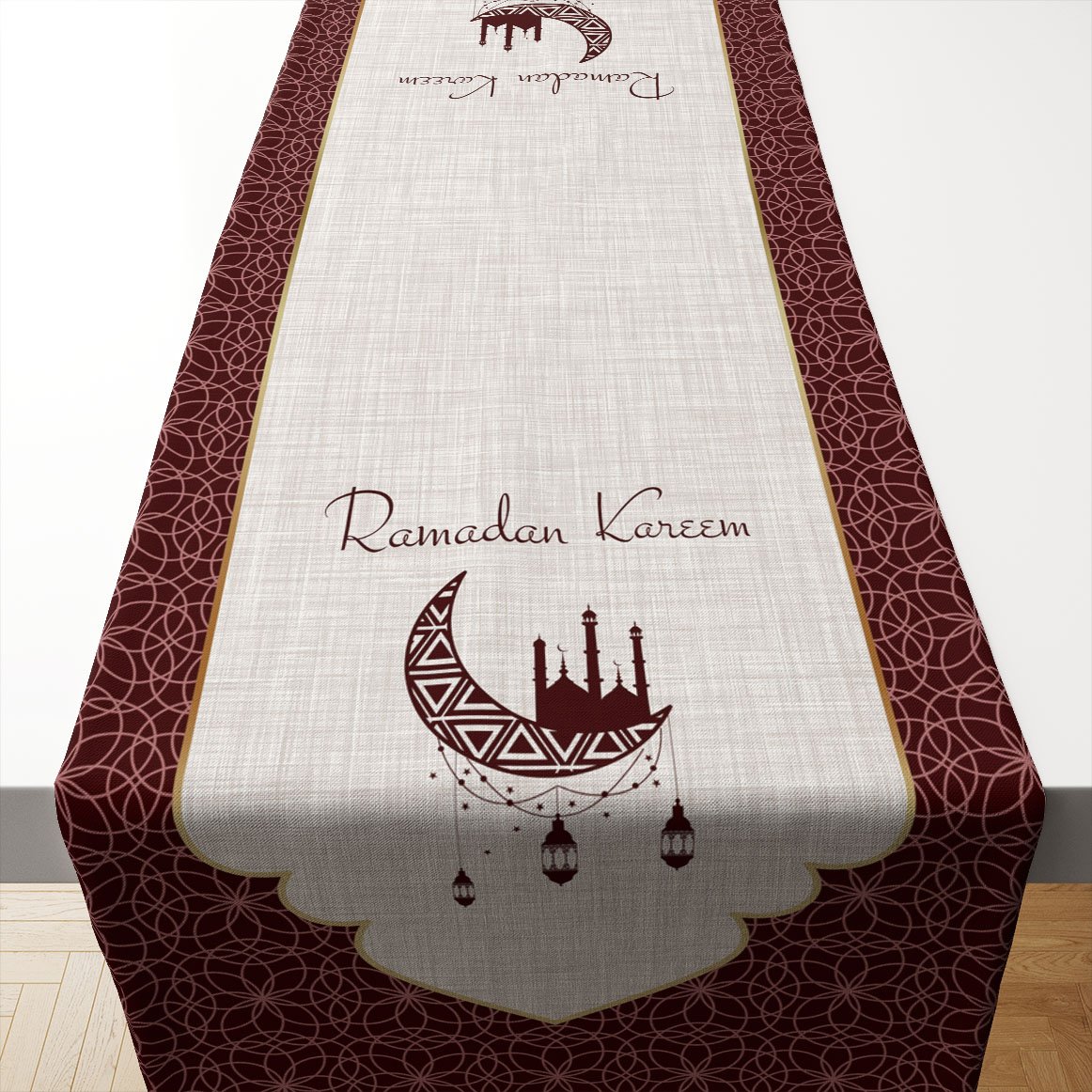 Ramazan Koleksiyonu- Ramadan Kareem Bordo Geometrik Runner Dikilmemiş Panel Kumaş