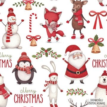 Noel Babalı, Geyikli, Tavşanlı, Kardan Adamlı, Penguenli Yılbaşı Desenli Kumaş