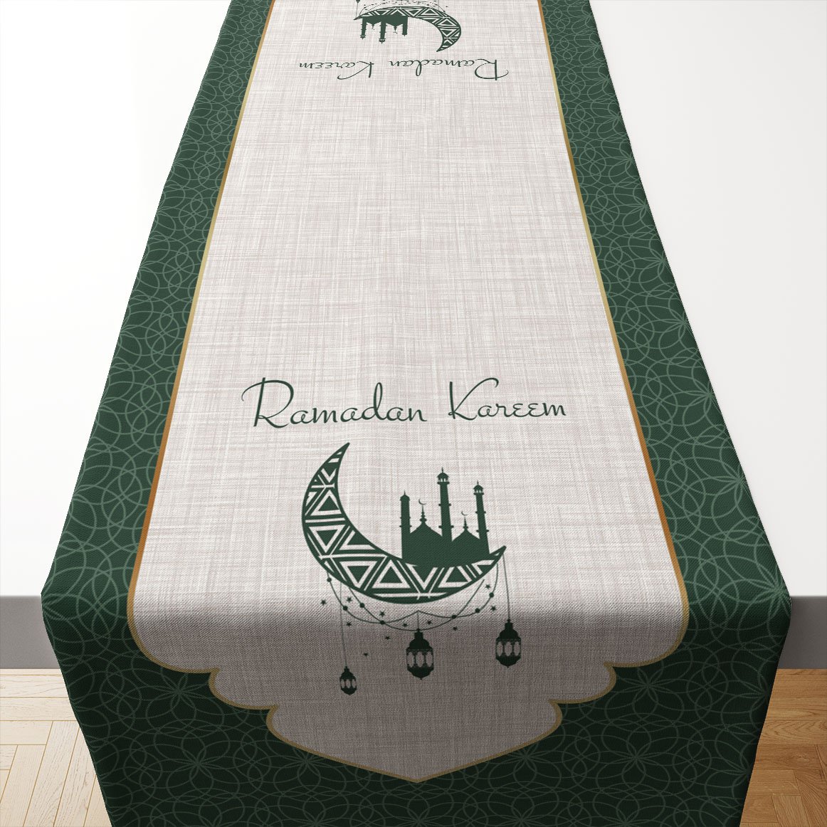 Ramazan Koleksiyonu- Ramadan Kareem Yeşil Geometrik Runner Dikilmemiş Panel Kumaş