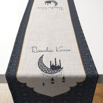 Ramazan Koleksiyonu- Ramadan Kareem Gri Geometrik Runner Dikilmemiş Panel Kumaş