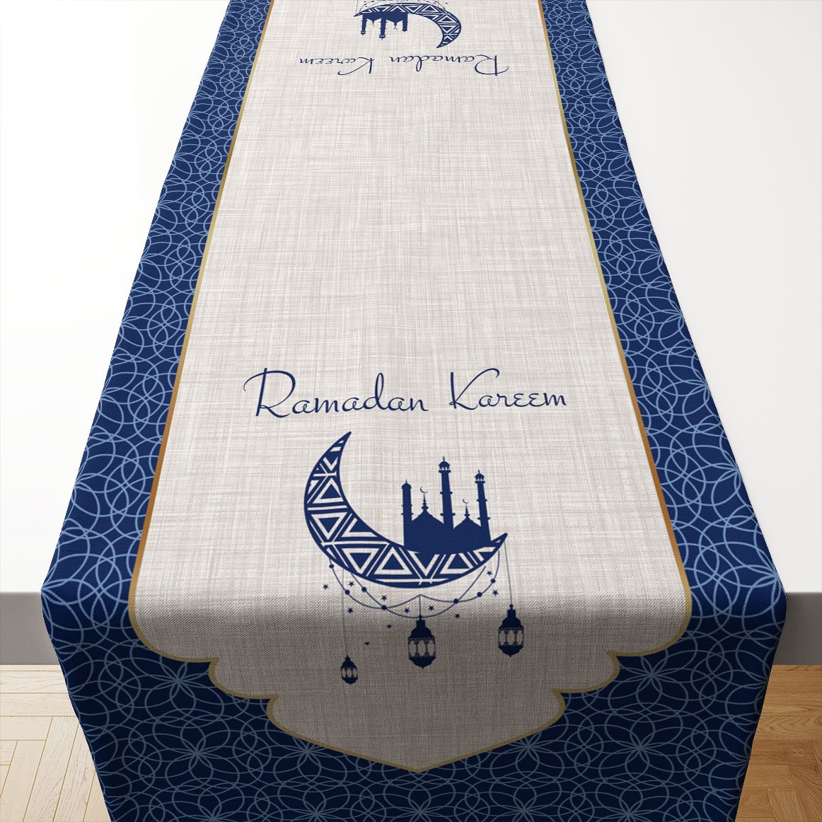Ramazan Koleksiyonu- Ramadan Kareem Lacivert Geometrik Runner Dikilmemiş Panel Kumaş