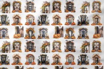 Pop Art Kumaş Halloween Bal Kabaklı Vintage Kapılar