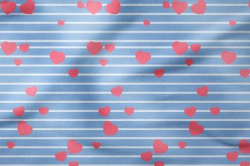 Mavi Beyaz Çizgili Üzerinde Kalp Desenli Kumaş