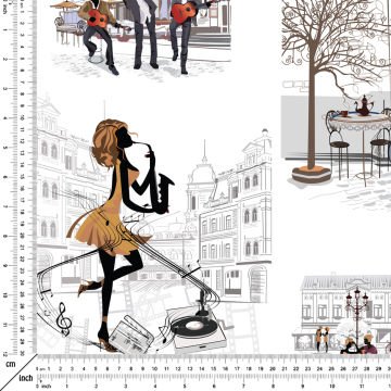 Beyaz Zemin Üzerine Paris Sokaklarında Müzik Çalan İnsanlar Desenli Kumaş-F6558