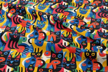 Renkli Geometrik İllustrasyon Kedili Kumaş