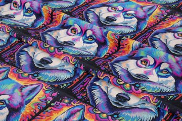 Renkli İllüstrasyon Kurt Köpeği Desenli Dijital Baskılı Tasarım Kumaş
