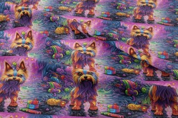 Renkli İllüstrasyon Yorkshire Terrier Desenli Dijital Baskılı Tasarım Kumaş