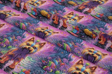 Renkli İllüstrasyon Yorkshire Terrier Desenli Dijital Baskılı Tasarım Kumaş