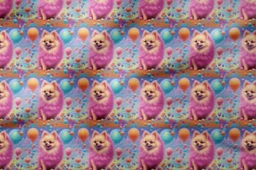 Renkli İllüstrasyon Pomeranian Desenli Dijital Baskılı Tasarım Kumaş