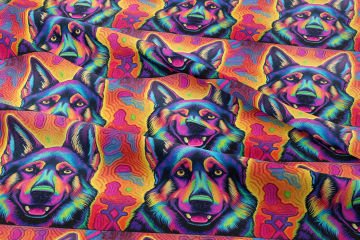 Renkli İllüstrasyon Alman Çoban Köpeği Desenli Dijital Baskılı Tasarım Kumaş