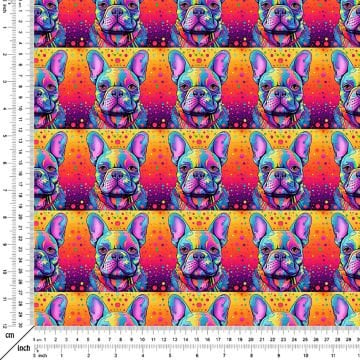 Renkli İllüstrasyon French Bulldog Desenli Dijital Baskılı Tasarım Kumaş