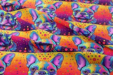 Renkli İllüstrasyon French Bulldog Desenli Dijital Baskılı Tasarım Kumaş
