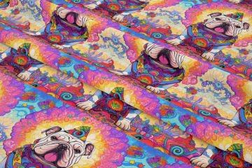 Renkli İllüstrasyon İngiliz Bulldog Desenli Dijital Baskılı Tasarım Kumaş