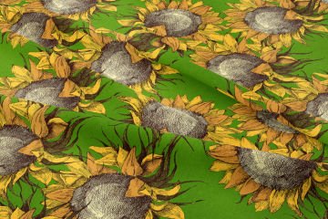Hoşgeldin Bahar - Yeşil Zeminli Ayçiçekli Desenli Dijital Baskı Tasarım Kumaş
