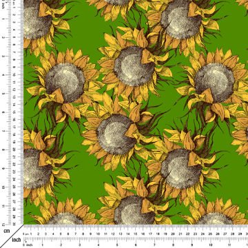 Hoşgeldin Bahar - Yeşil Zeminli Ayçiçekli Desenli Dijital Baskı Tasarım Kumaş