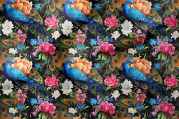 Renkli Tavuskuşu Gül Desenli Dijital Baskılı Tasarım Kumaş