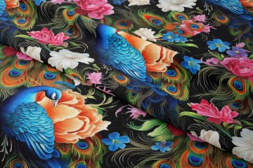 Renkli Tavuskuşu Gül Desenli Dijital Baskılı Tasarım Kumaş