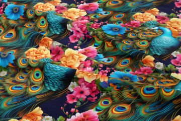 Renkli Çiçekler Arasında Tavuskuşu Desenli Dijital Baskılı Tasarım Kumaş
