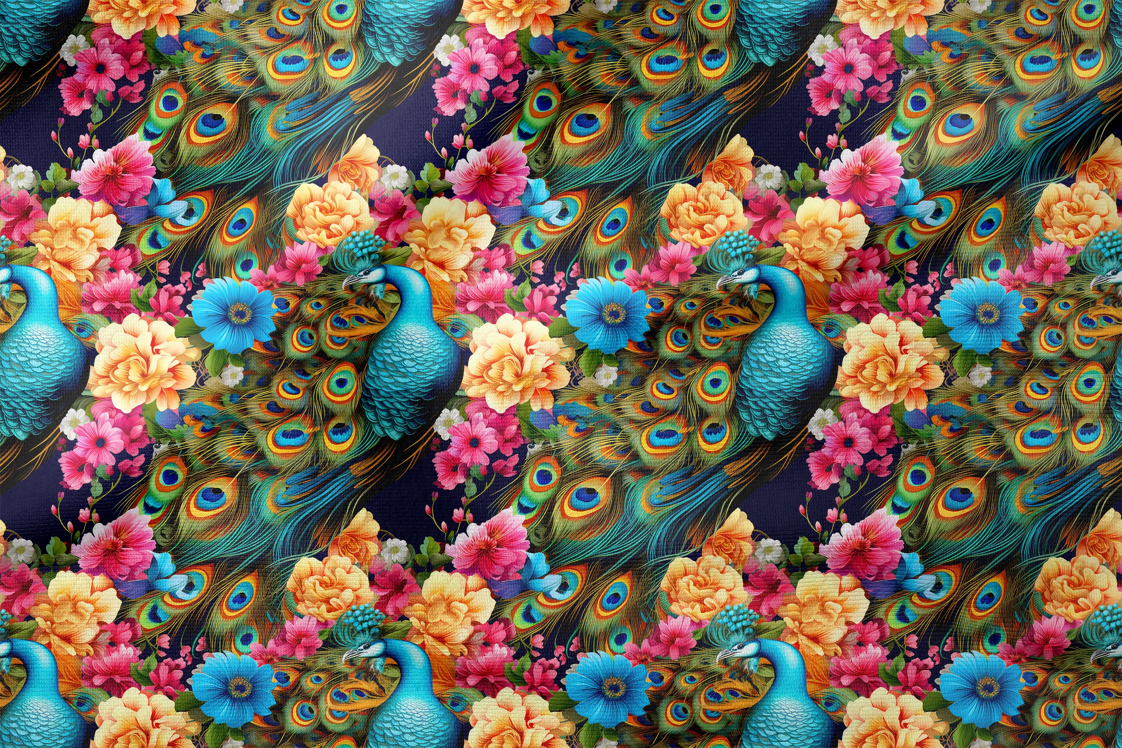 Renkli Çiçekler Arasında Tavuskuşu Desenli Dijital Baskılı Tasarım Kumaş