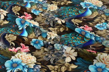 Mavi Tonlu Çiçekler Arasında Tavuskuşu Desenli Dijital Baskılı Tasarım Kumaş