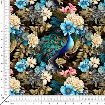 Mavi Tonlu Çiçekler Arasında Tavuskuşu Desenli Dijital Baskılı Tasarım Kumaş