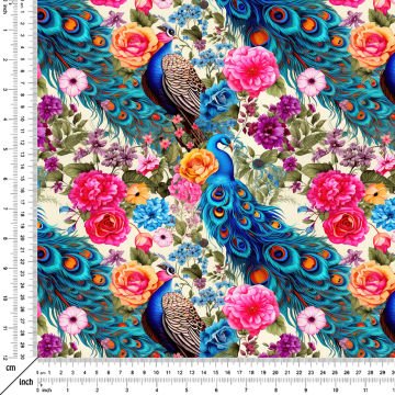 Çiçekler İçinde Tavuskuşu Desenli Dijital Baskılı Tasarım Kumaş