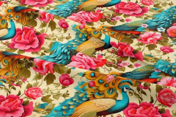 Güller İçinde Tavuskuşu Desenli Dijital Baskılı Tasarım Kumaş
