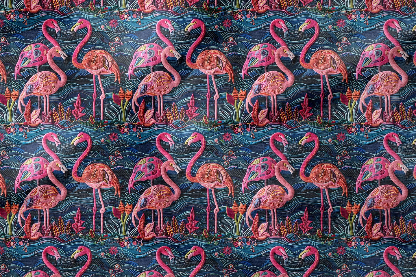 İşlemeli Flamingo Desenli Dijital Baskı Kumaş