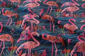 İşlemeli Flamingo Desenli Dijital Baskı Kumaş