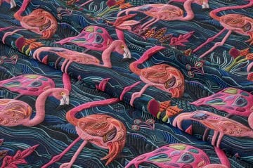 İşlemeli Flamingo Desenli Dijital Baskı Kumaş